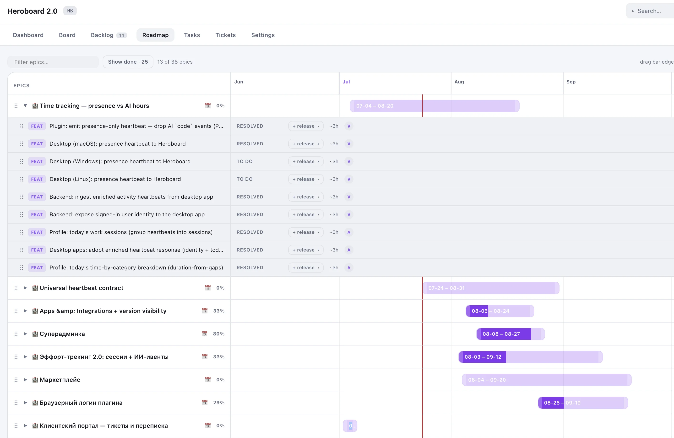 Roadmap Heroboard с эпиками, задачами и календарными периодами
