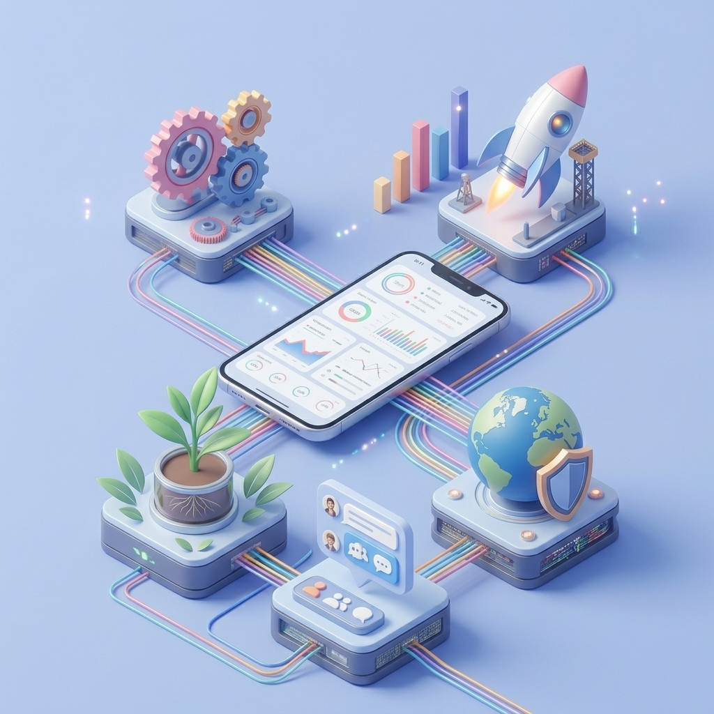 Connected software ecosystem — apps, analytics, e-commerce and launch